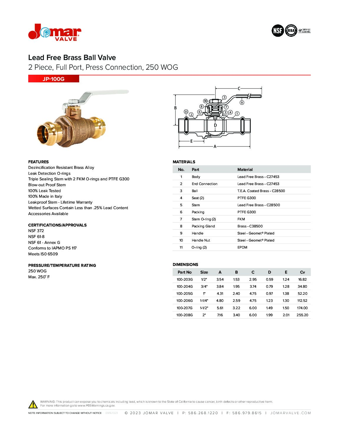 Jomar Jp G Lead Free Brass Ball Valve Piece Full Port Press